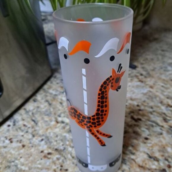 Vtg MCM Orange Giraffe Libbey Carousel Merry Go Round Tom Collins Frosted Glass - Picture 3 of 3